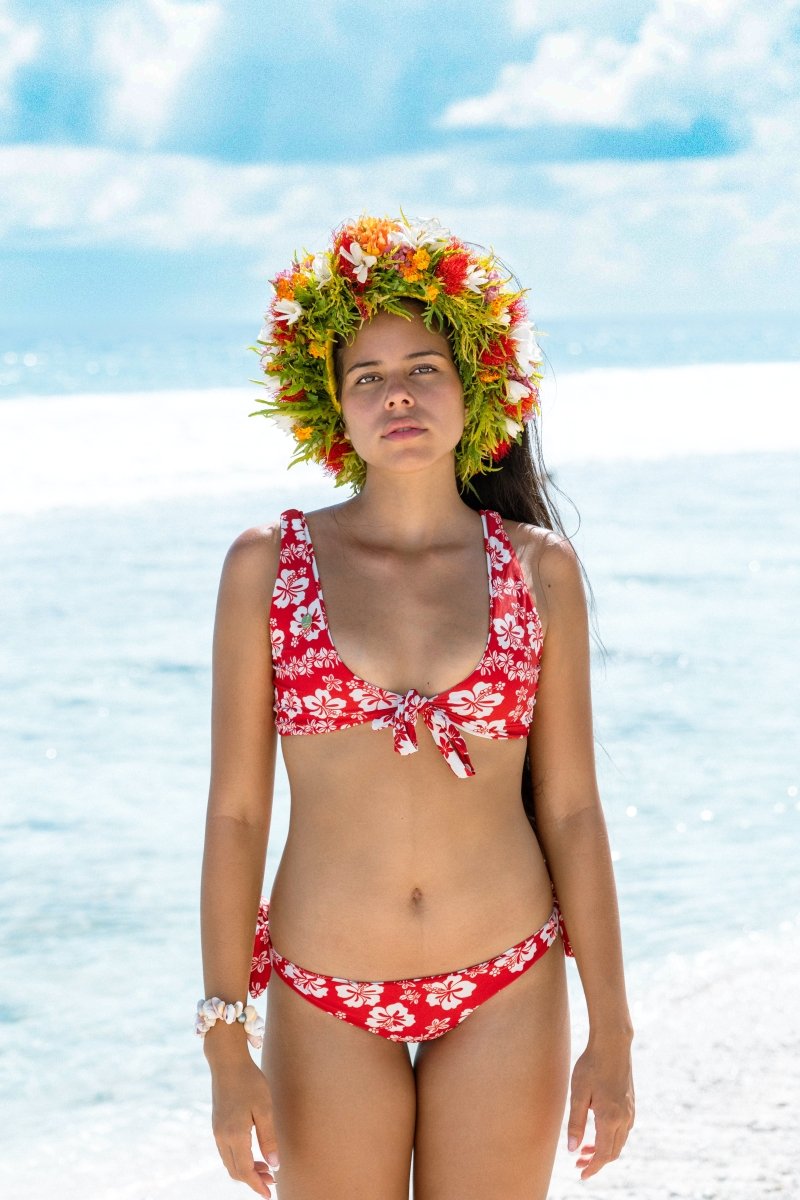 N°H1 - HINANO - ENSEMBLE BIKINI NOUÉ - "MARANIA" - RED/CREAM