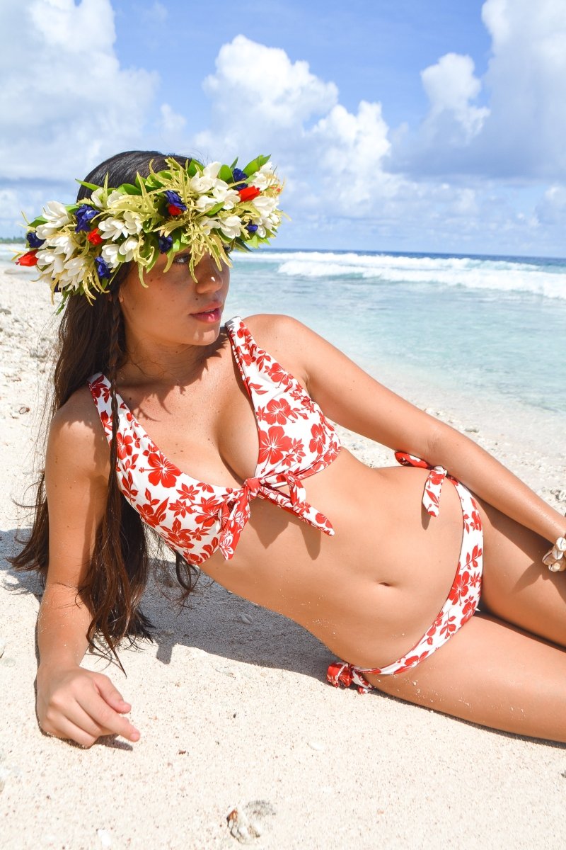 N°H1 - HINANO - ENSEMBLE BIKINI NOUÉ - "MARANIA" - RED/CREAM