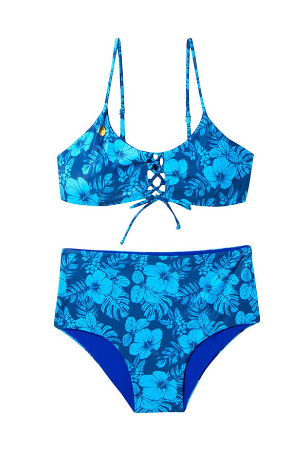 N°H2 HINANO - ENSEMBLE BIKINI CORSET/TAILLE HAUTE - "MONA" - BLUE/NAVY